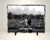 Surreal image of children inside clock overlaying landscape